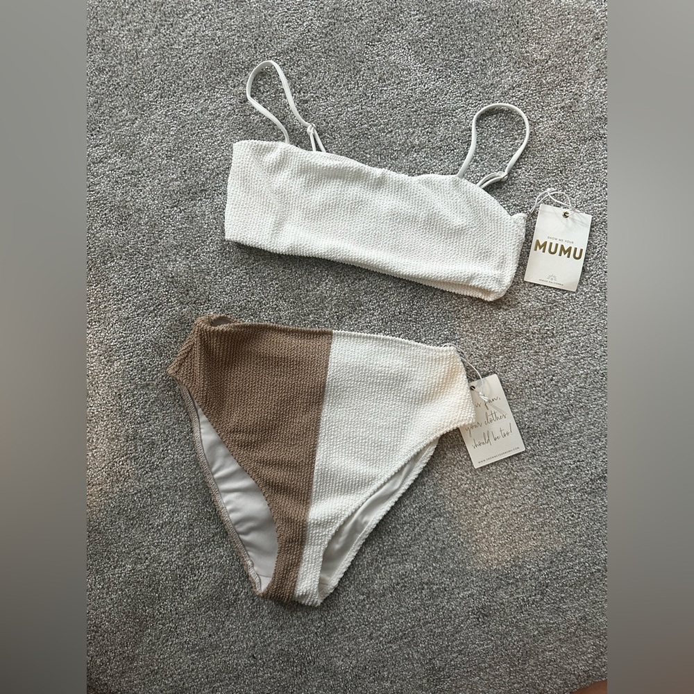 Show Me Your MuMu Textured White and Tan Bikini